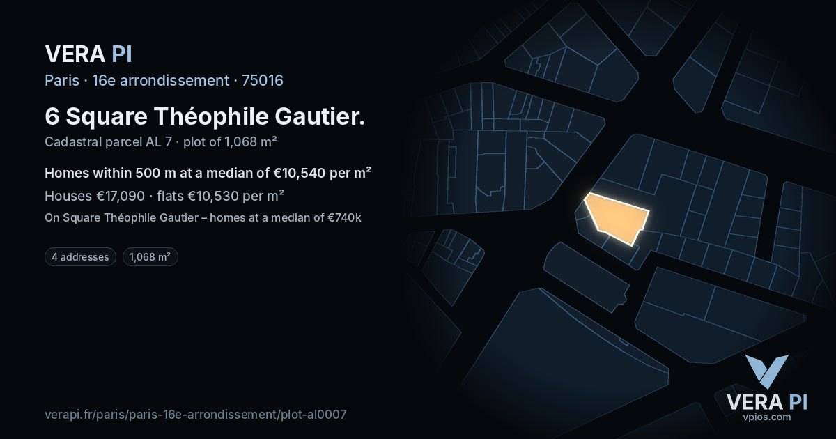 6 Square Théophile Gautier, 16e arrondissement at night – the plot lit, the parcels around coloured by the prices near them