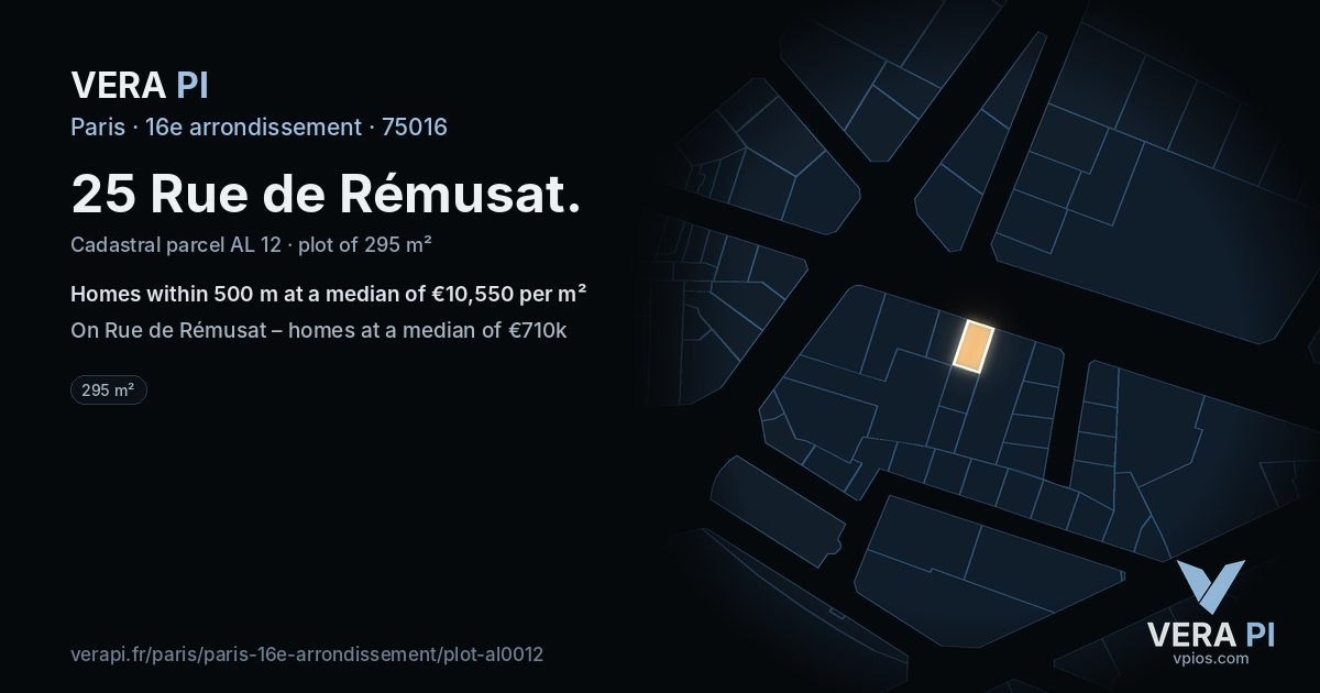 25 Rue de Rémusat, 16e arrondissement at night – the plot lit, the parcels around coloured by the prices near them