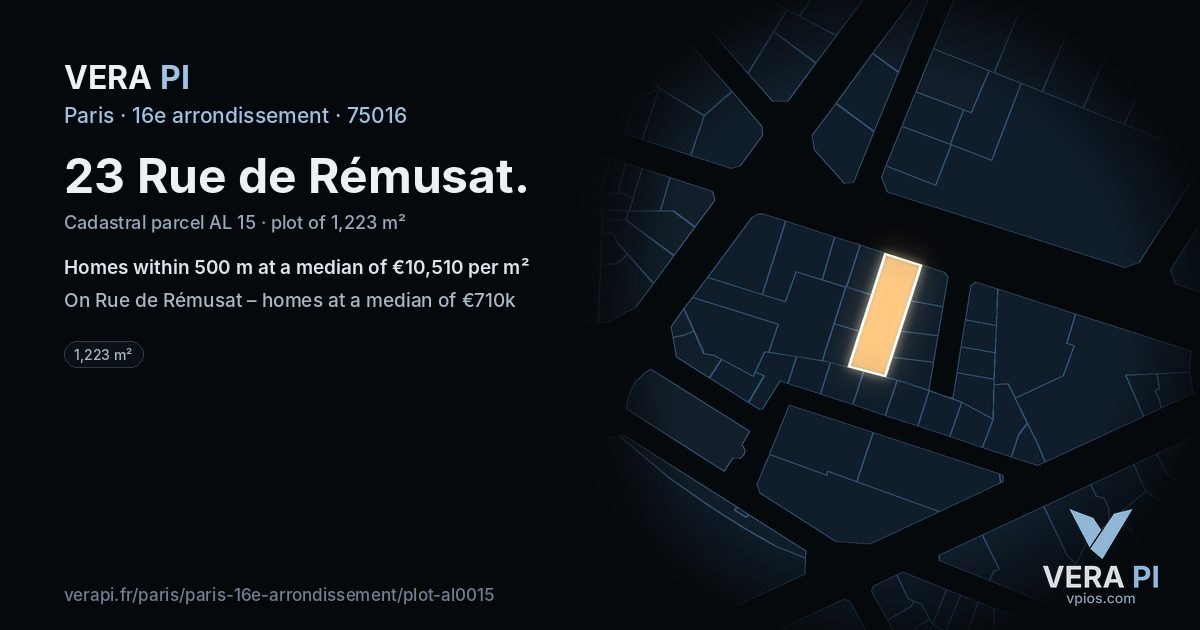 23 Rue de Rémusat, 16e arrondissement at night – the plot lit, the parcels around coloured by the prices near them