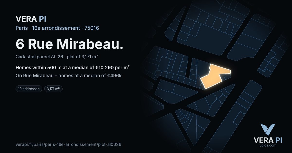 6 Rue Mirabeau, 16e arrondissement at night – the plot lit, the parcels around coloured by the prices near them