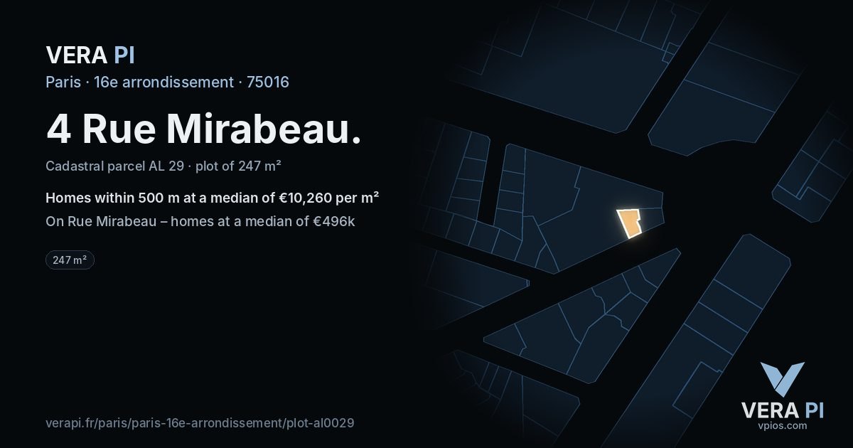4 Rue Mirabeau, 16e arrondissement at night – the plot lit, the parcels around coloured by the prices near them