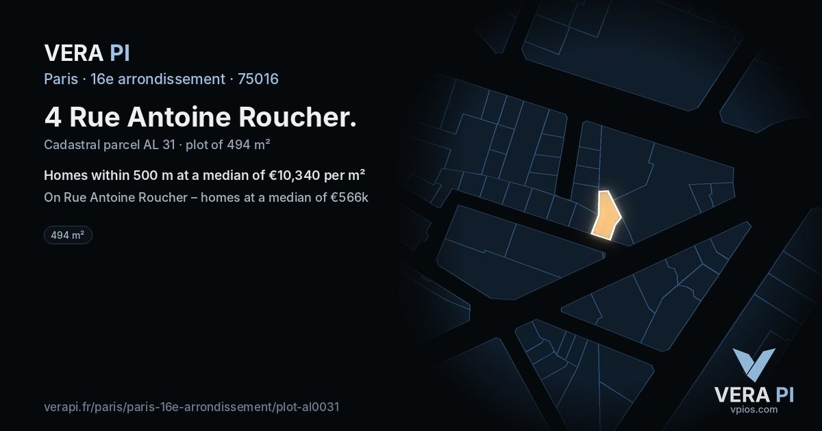 4 Rue Antoine Roucher, 16e arrondissement at night – the plot lit, the parcels around coloured by the prices near them