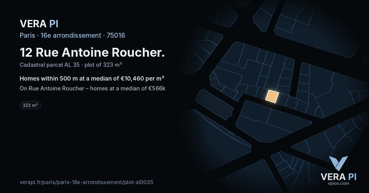 12 Rue Antoine Roucher, 16e arrondissement at night – the plot lit, the parcels around coloured by the prices near them