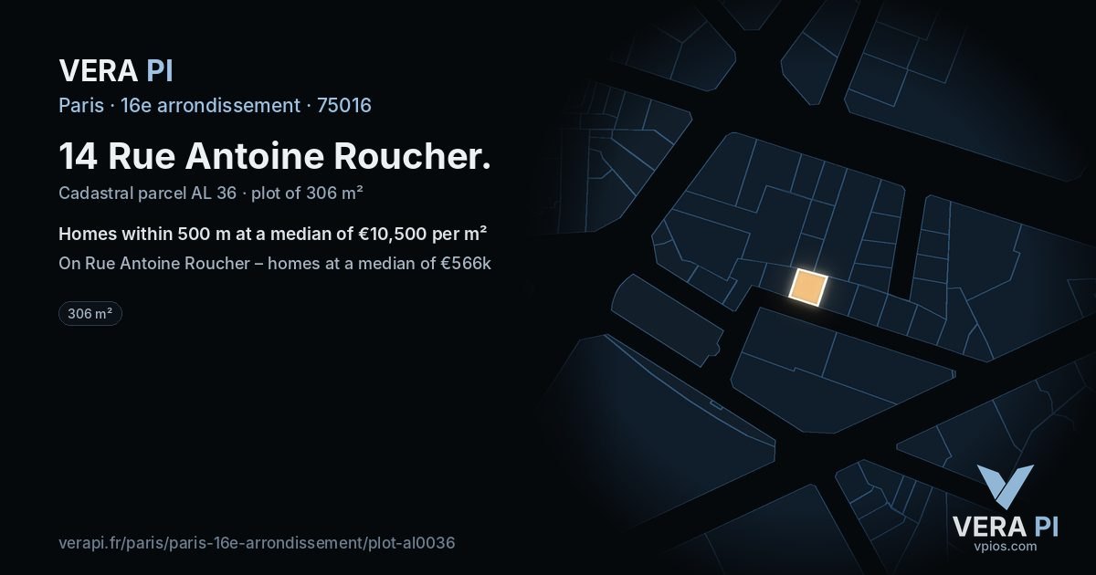 14 Rue Antoine Roucher, 16e arrondissement at night – the plot lit, the parcels around coloured by the prices near them