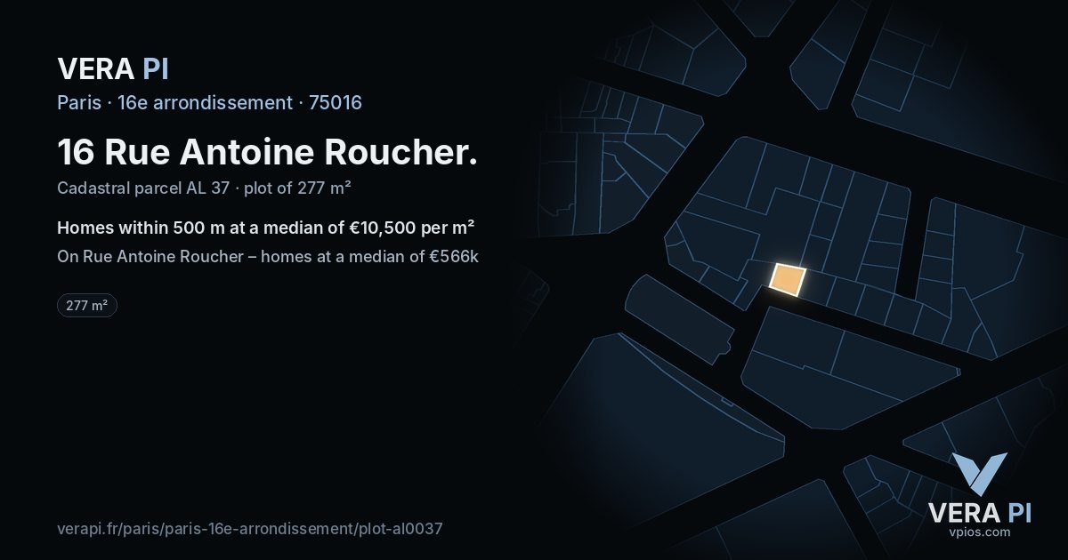 16 Rue Antoine Roucher, 16e arrondissement at night – the plot lit, the parcels around coloured by the prices near them