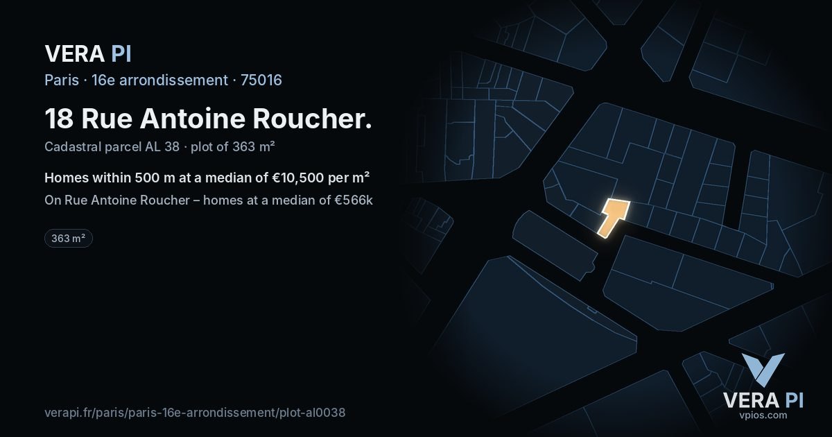 18 Rue Antoine Roucher, 16e arrondissement at night – the plot lit, the parcels around coloured by the prices near them