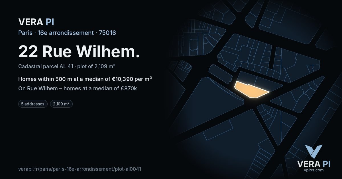 22 Rue Wilhem, 16e arrondissement at night – the plot lit, the parcels around coloured by the prices near them