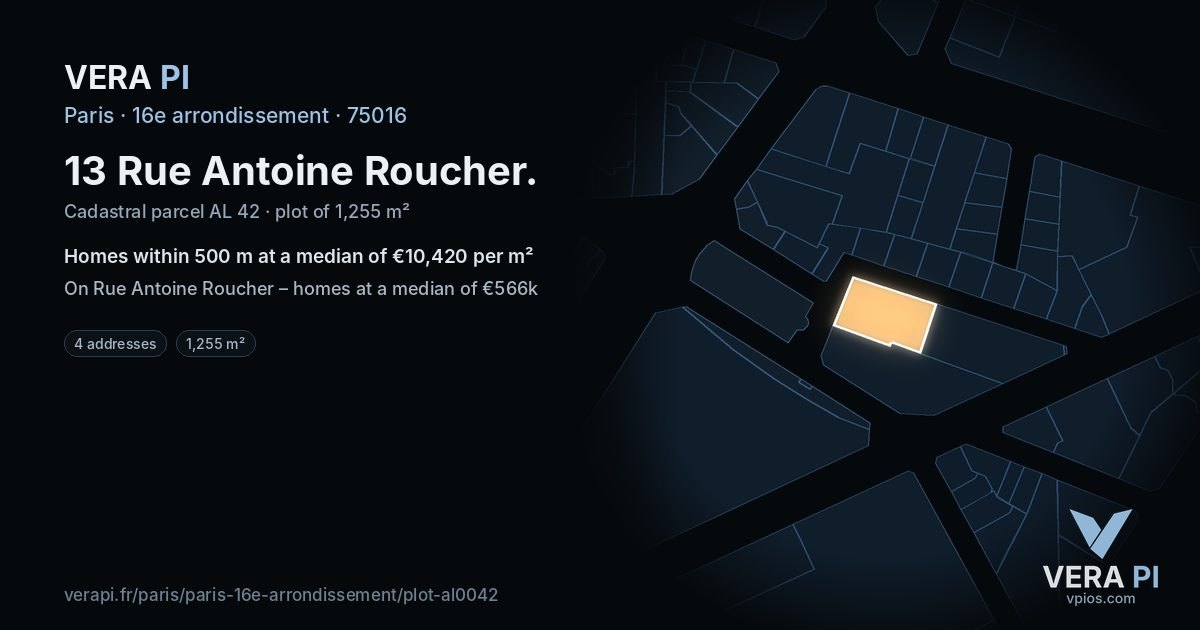 13 Rue Antoine Roucher, 16e arrondissement at night – the plot lit, the parcels around coloured by the prices near them