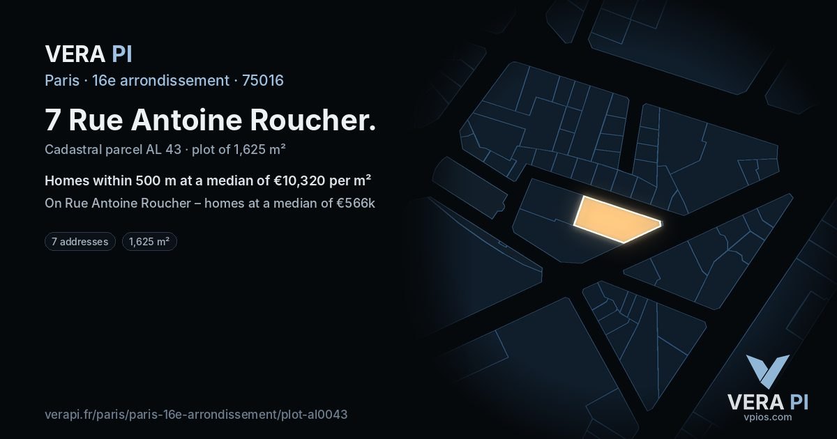 7 Rue Antoine Roucher, 16e arrondissement at night – the plot lit, the parcels around coloured by the prices near them