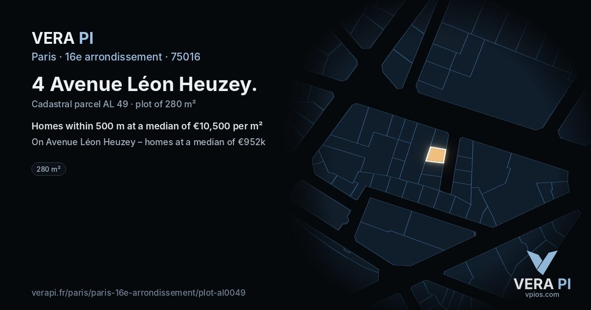 4 Avenue Léon Heuzey, 16e arrondissement at night – the plot lit, the parcels around coloured by the prices near them