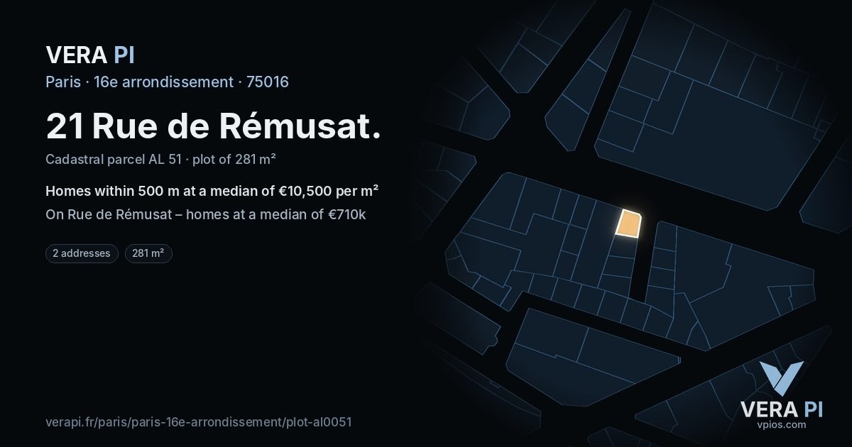 21 Rue de Rémusat, 16e arrondissement at night – the plot lit, the parcels around coloured by the prices near them