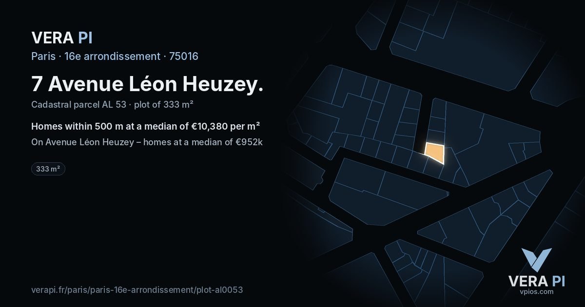 7 Avenue Léon Heuzey, 16e arrondissement at night – the plot lit, the parcels around coloured by the prices near them