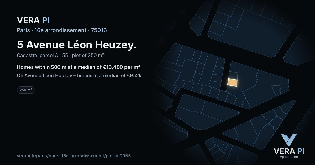 5 Avenue Léon Heuzey, 16e arrondissement at night – the plot lit, the parcels around coloured by the prices near them