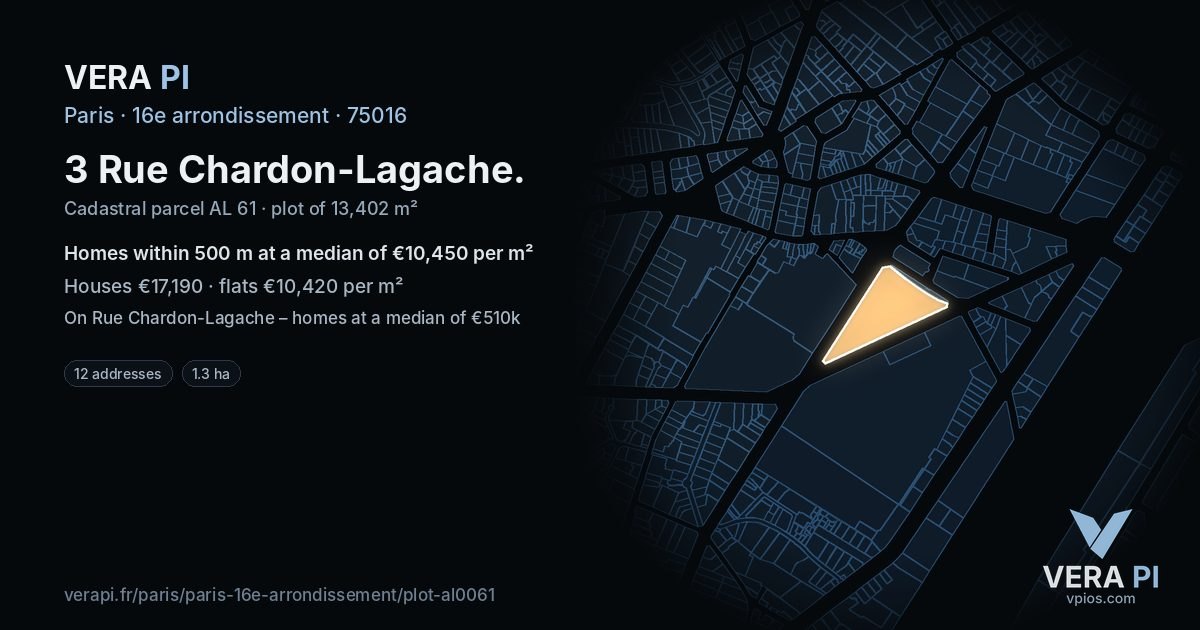 3 Rue Chardon-Lagache, 16e arrondissement at night – the plot lit, the parcels around coloured by the prices near them