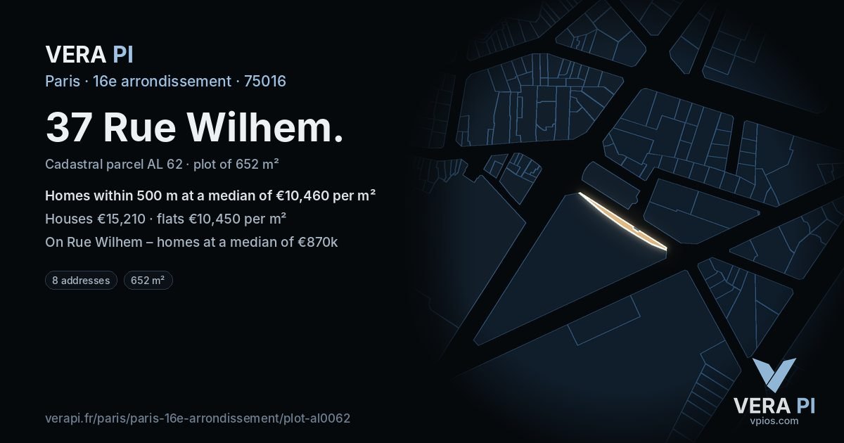 37 Rue Wilhem, 16e arrondissement at night – the plot lit, the parcels around coloured by the prices near them