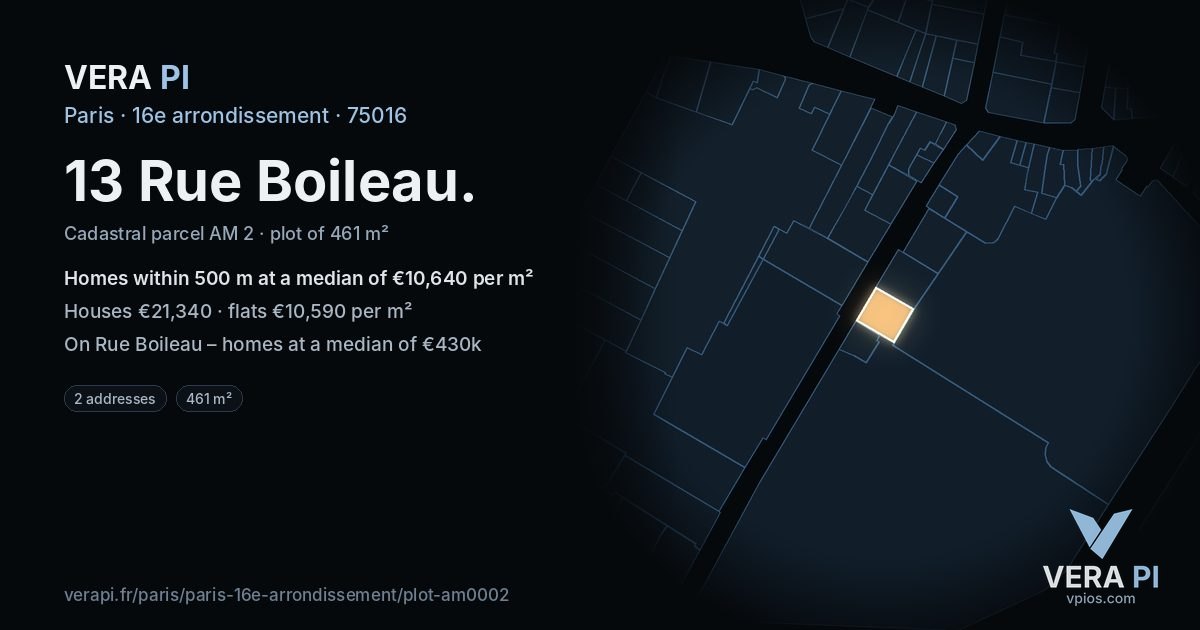 13 Rue Boileau, 16e arrondissement at night – the plot lit, the parcels around coloured by the prices near them