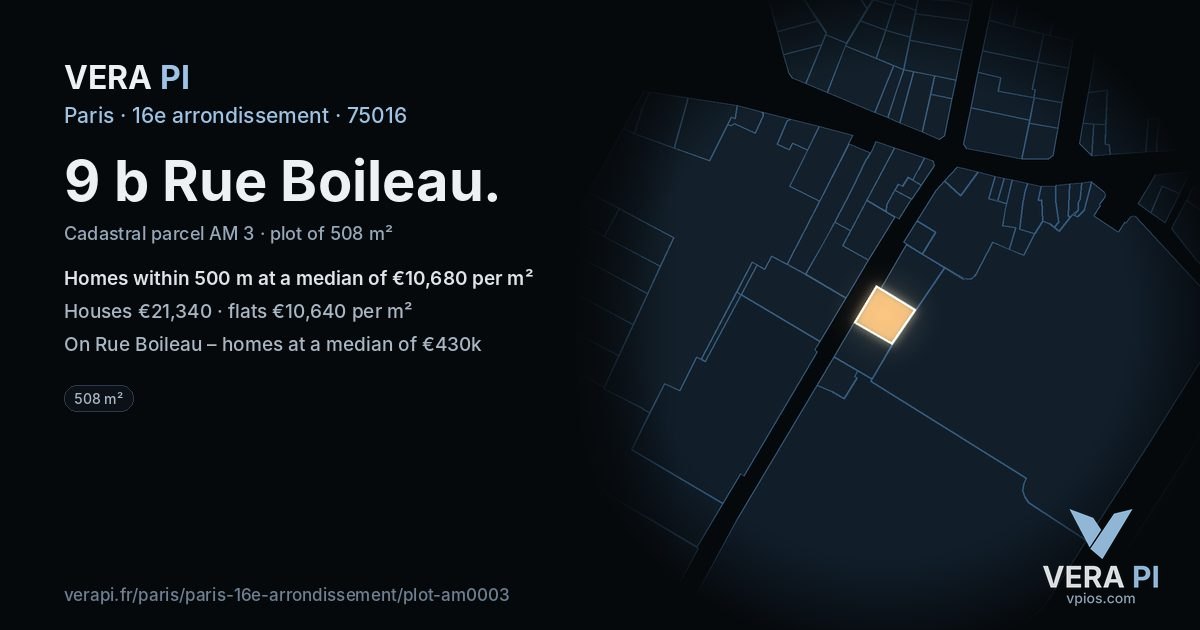9 b Rue Boileau, 16e arrondissement at night – the plot lit, the parcels around coloured by the prices near them