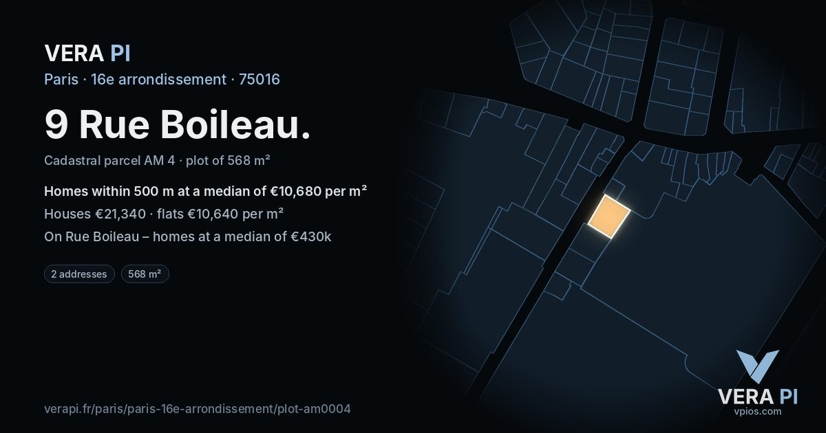 9 Rue Boileau, 16e arrondissement at night – the plot lit, the parcels around coloured by the prices near them