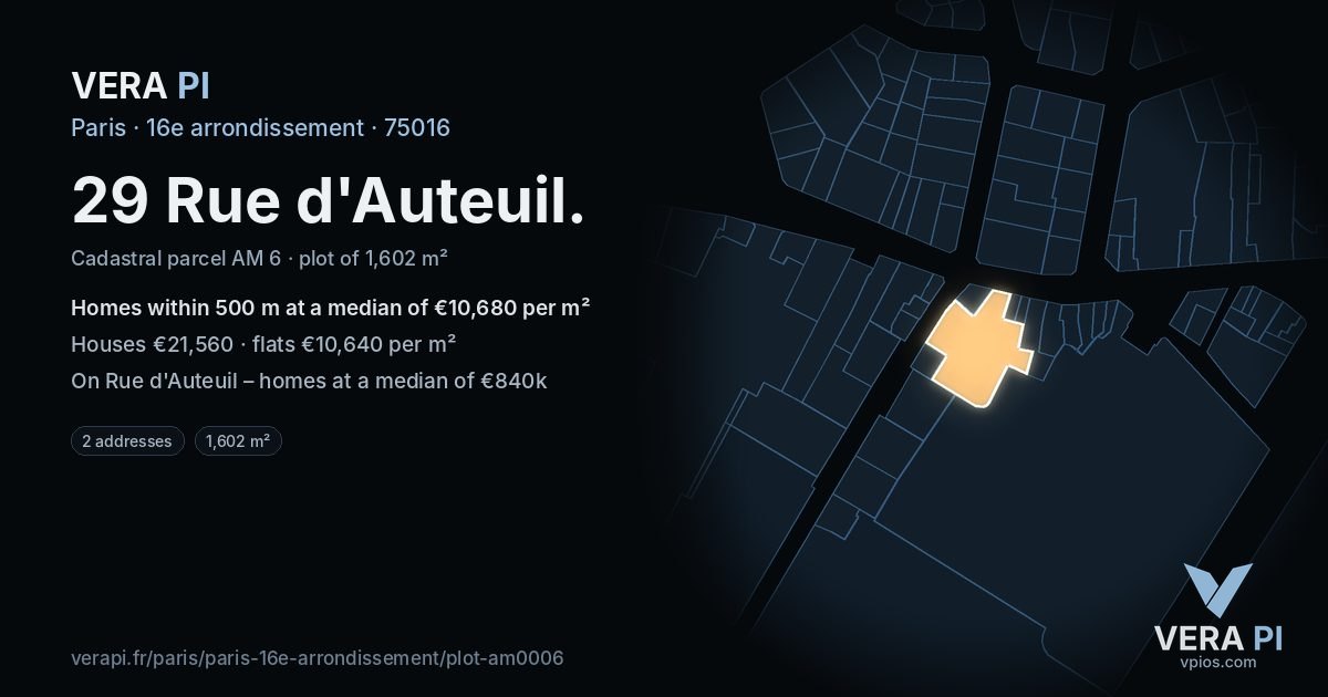 29 Rue d'Auteuil, 16e arrondissement at night – the plot lit, the parcels around coloured by the prices near them