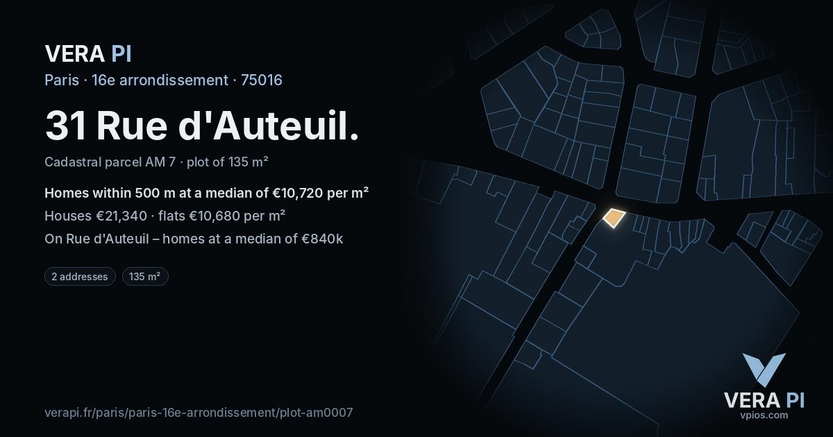 31 Rue d'Auteuil, 16e arrondissement at night – the plot lit, the parcels around coloured by the prices near them
