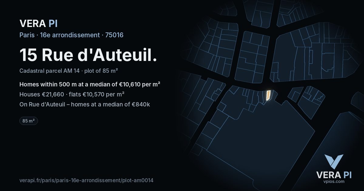 15 Rue d'Auteuil, 16e arrondissement at night – the plot lit, the parcels around coloured by the prices near them