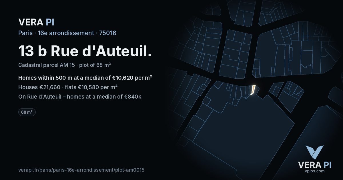 13 b Rue d'Auteuil, 16e arrondissement at night – the plot lit, the parcels around coloured by the prices near them