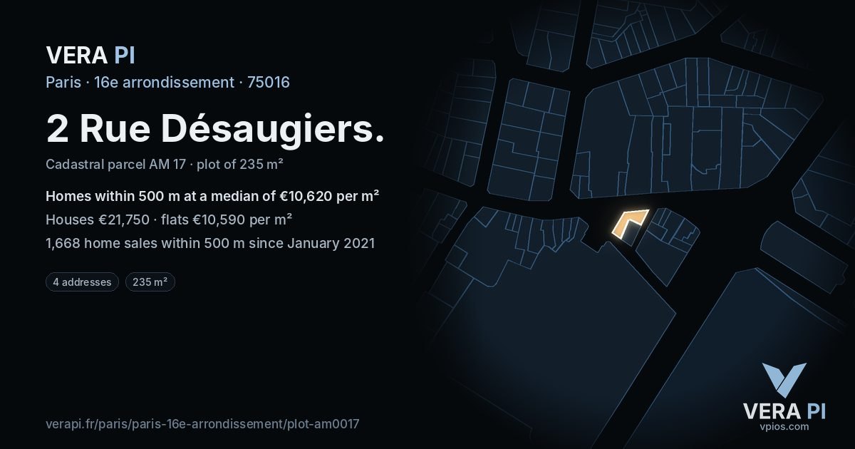 2 Rue Désaugiers, 16e arrondissement at night – the plot lit, the parcels around coloured by the prices near them