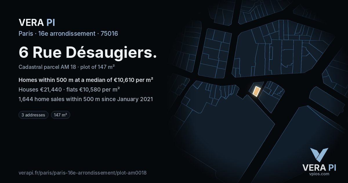 6 Rue Désaugiers, 16e arrondissement at night – the plot lit, the parcels around coloured by the prices near them