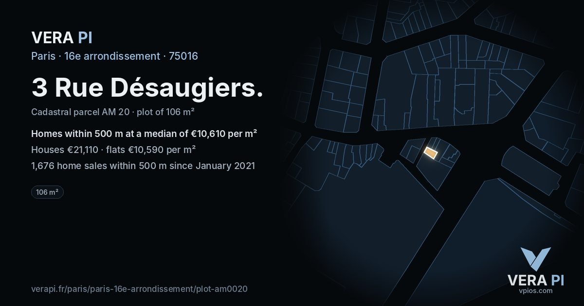3 Rue Désaugiers, 16e arrondissement at night – the plot lit, the parcels around coloured by the prices near them