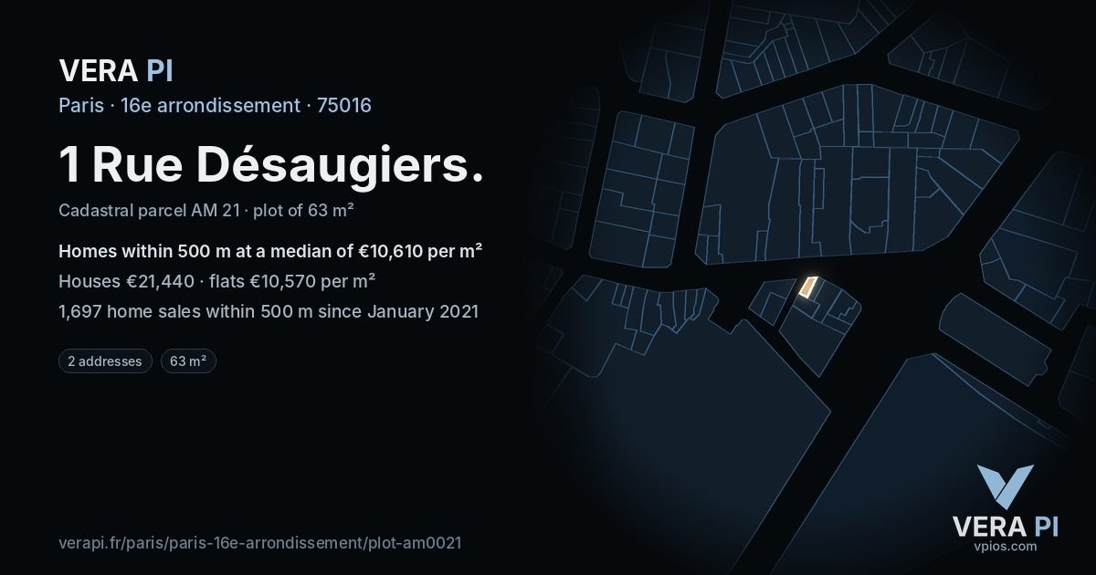 1 Rue Désaugiers, 16e arrondissement at night – the plot lit, the parcels around coloured by the prices near them