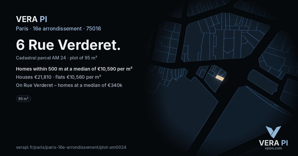 6 Rue Verderet, 16e arrondissement at night – the plot lit, the parcels around coloured by the prices near them