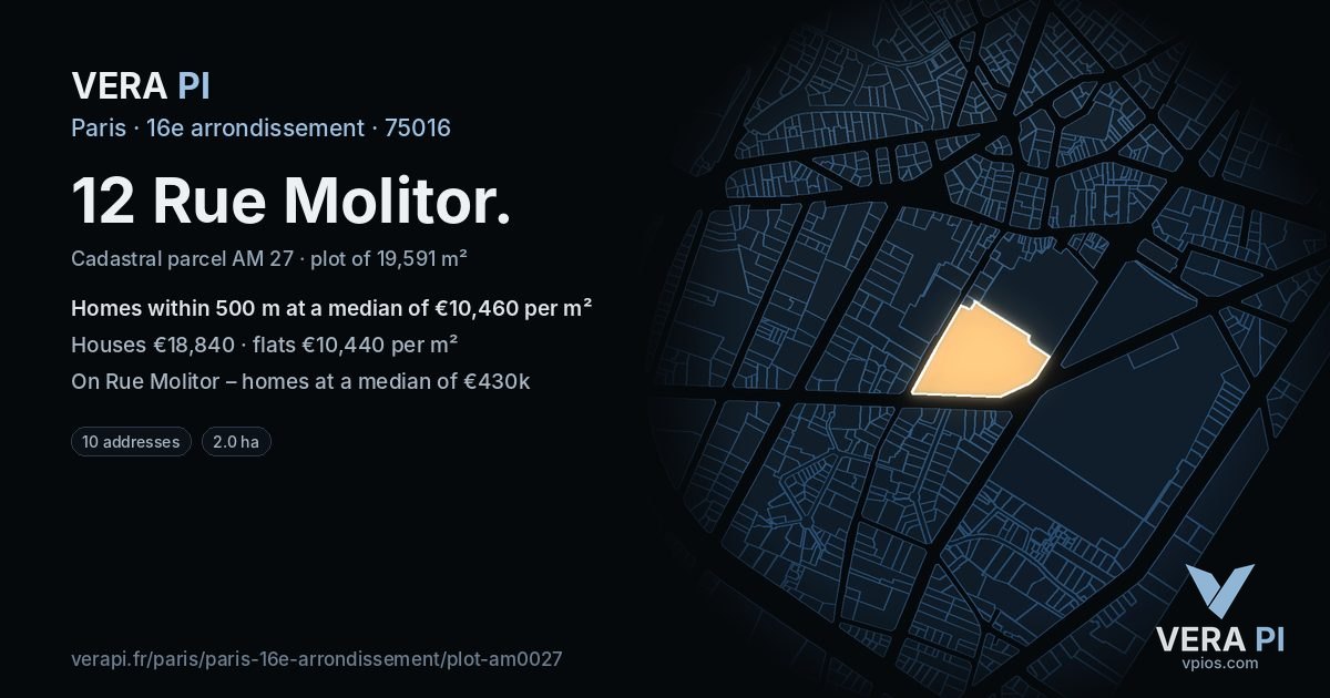 12 Rue Molitor, 16e arrondissement at night – the plot lit, the parcels around coloured by the prices near them
