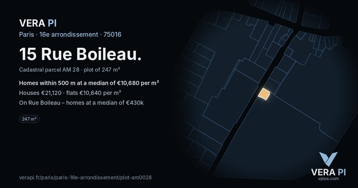 15 Rue Boileau, 16e arrondissement at night – the plot lit, the parcels around coloured by the prices near them