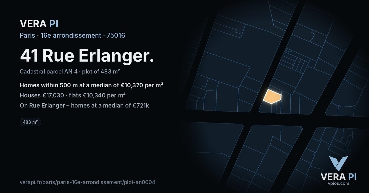 41 Rue Erlanger, 16e arrondissement at night – the plot lit, the parcels around coloured by the prices near them