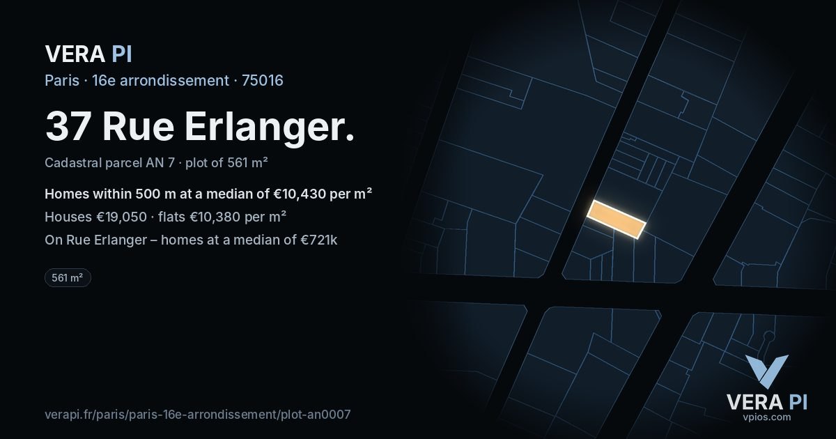37 Rue Erlanger, 16e arrondissement at night – the plot lit, the parcels around coloured by the prices near them