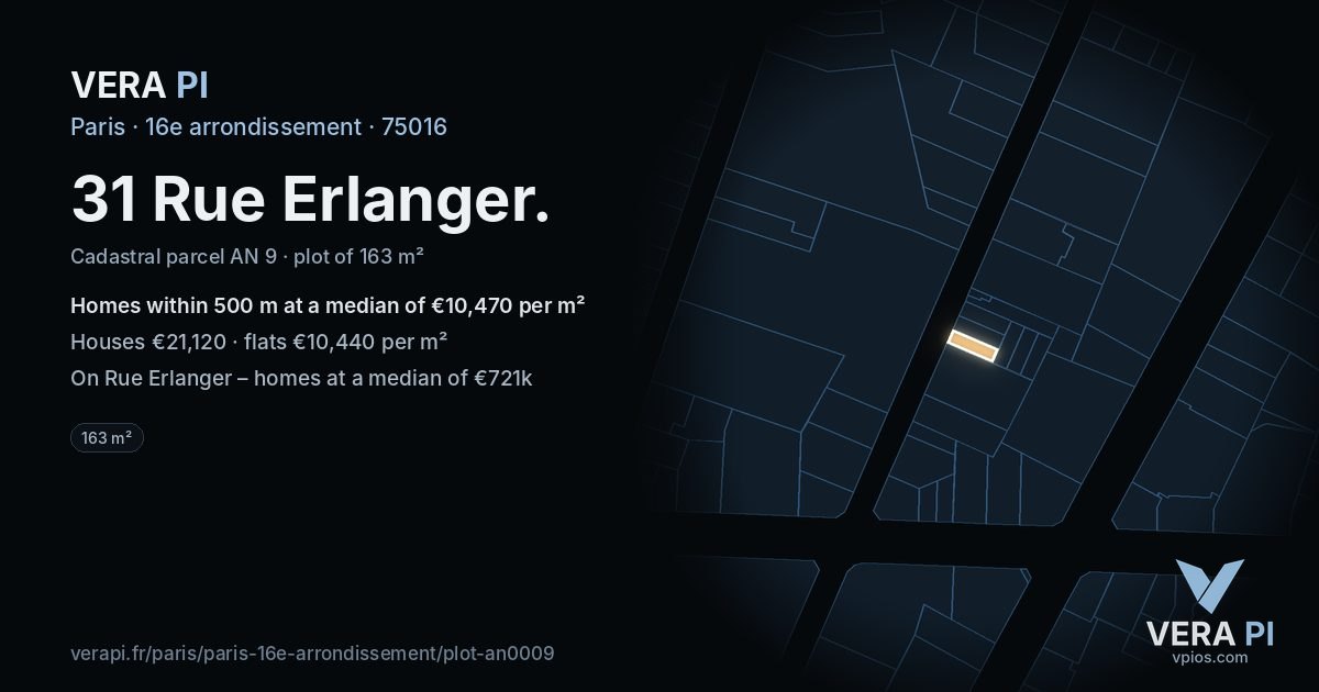 31 Rue Erlanger, 16e arrondissement at night – the plot lit, the parcels around coloured by the prices near them