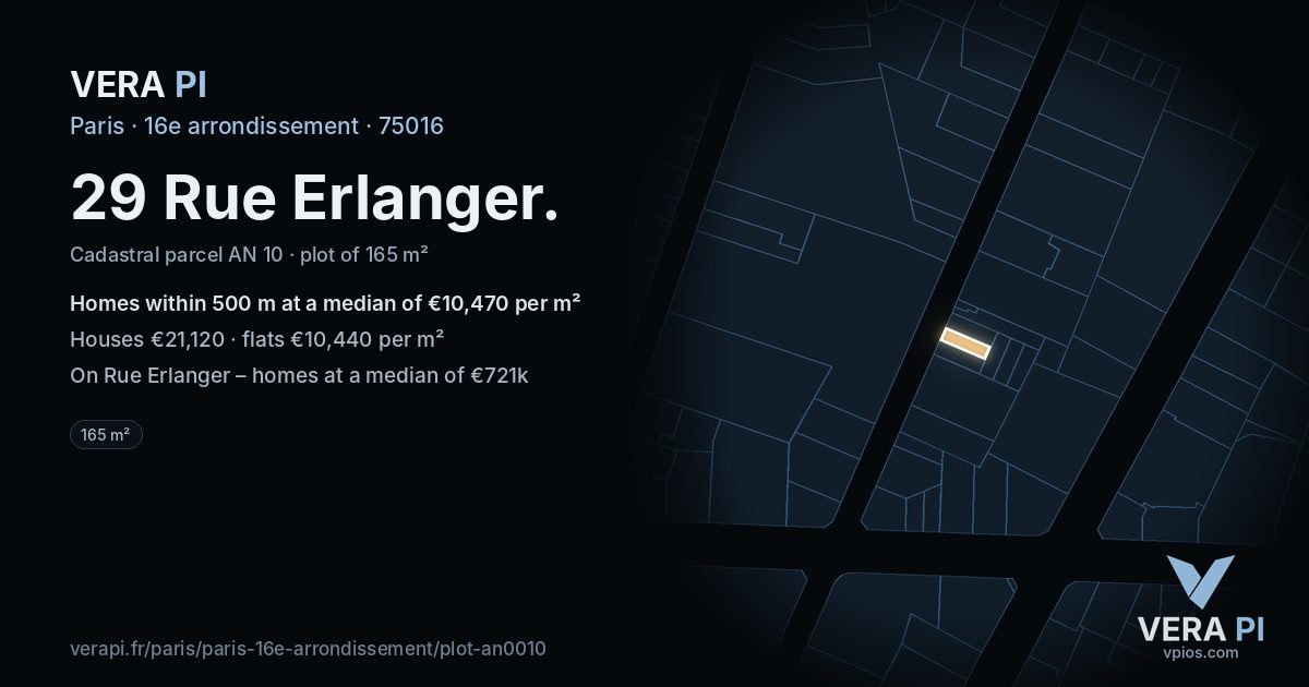29 Rue Erlanger, 16e arrondissement at night – the plot lit, the parcels around coloured by the prices near them