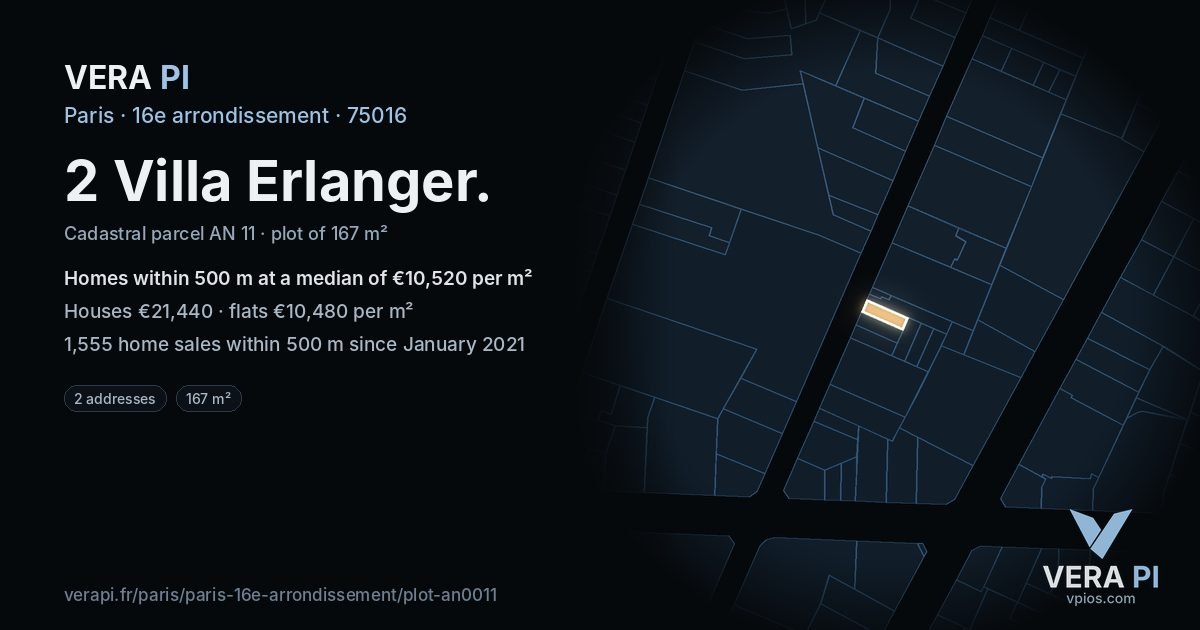 2 Villa Erlanger, 16e arrondissement at night – the plot lit, the parcels around coloured by the prices near them