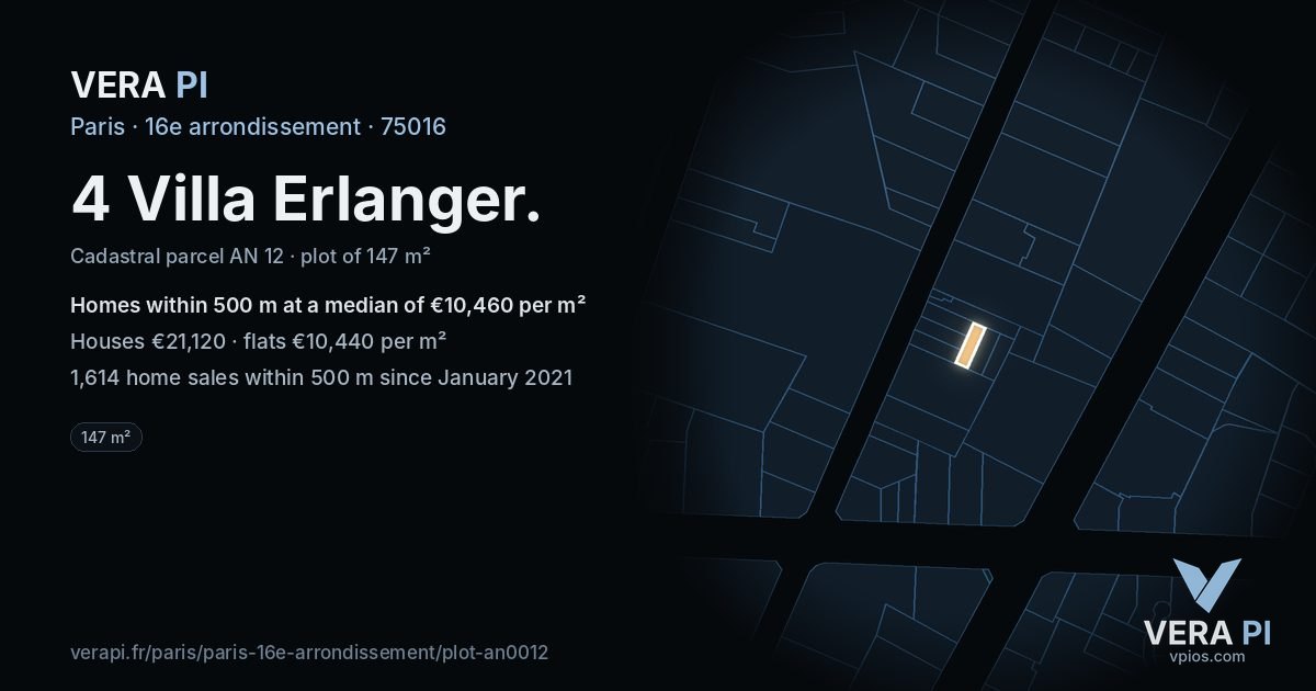 4 Villa Erlanger, 16e arrondissement at night – the plot lit, the parcels around coloured by the prices near them