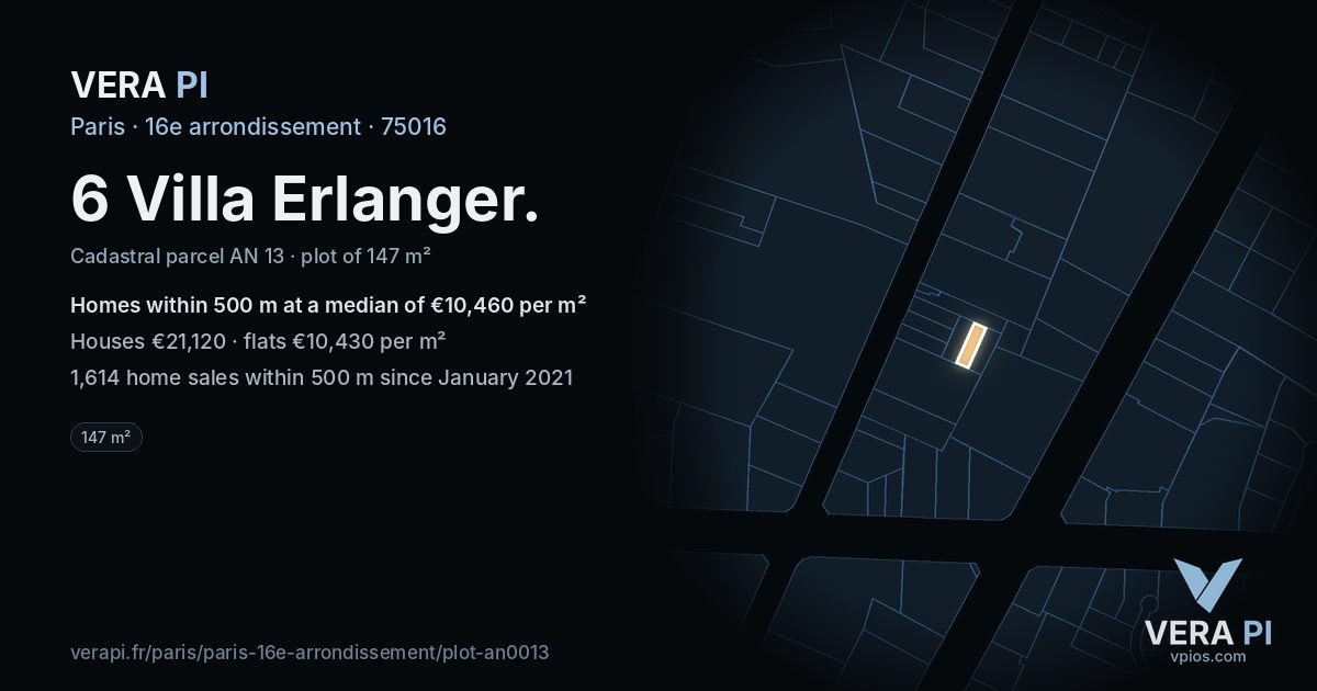 6 Villa Erlanger, 16e arrondissement at night – the plot lit, the parcels around coloured by the prices near them