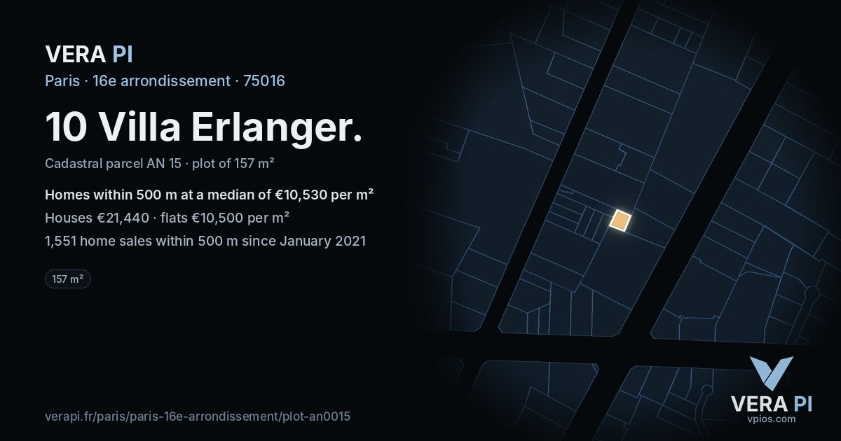 10 Villa Erlanger, 16e arrondissement at night – the plot lit, the parcels around coloured by the prices near them