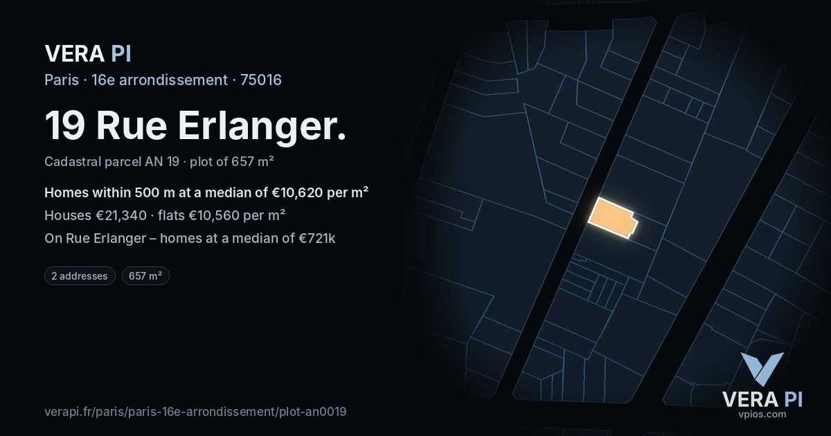 19 Rue Erlanger, 16e arrondissement at night – the plot lit, the parcels around coloured by the prices near them