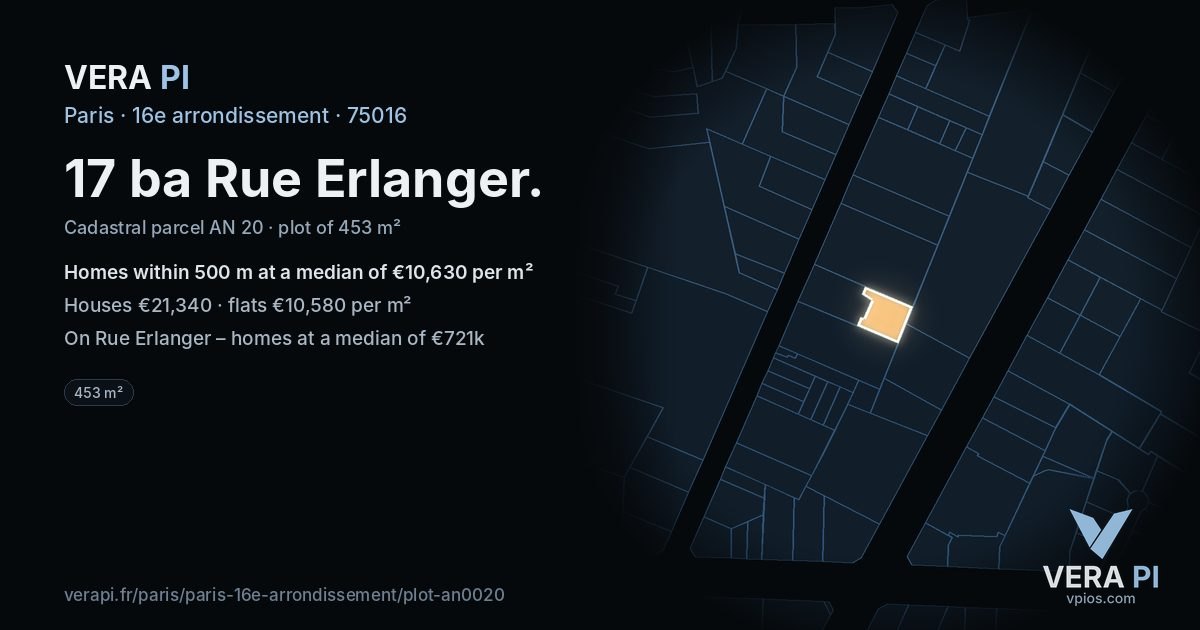 17 ba Rue Erlanger, 16e arrondissement at night – the plot lit, the parcels around coloured by the prices near them