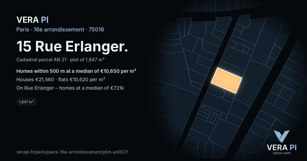 15 Rue Erlanger, 16e arrondissement at night – the plot lit, the parcels around coloured by the prices near them