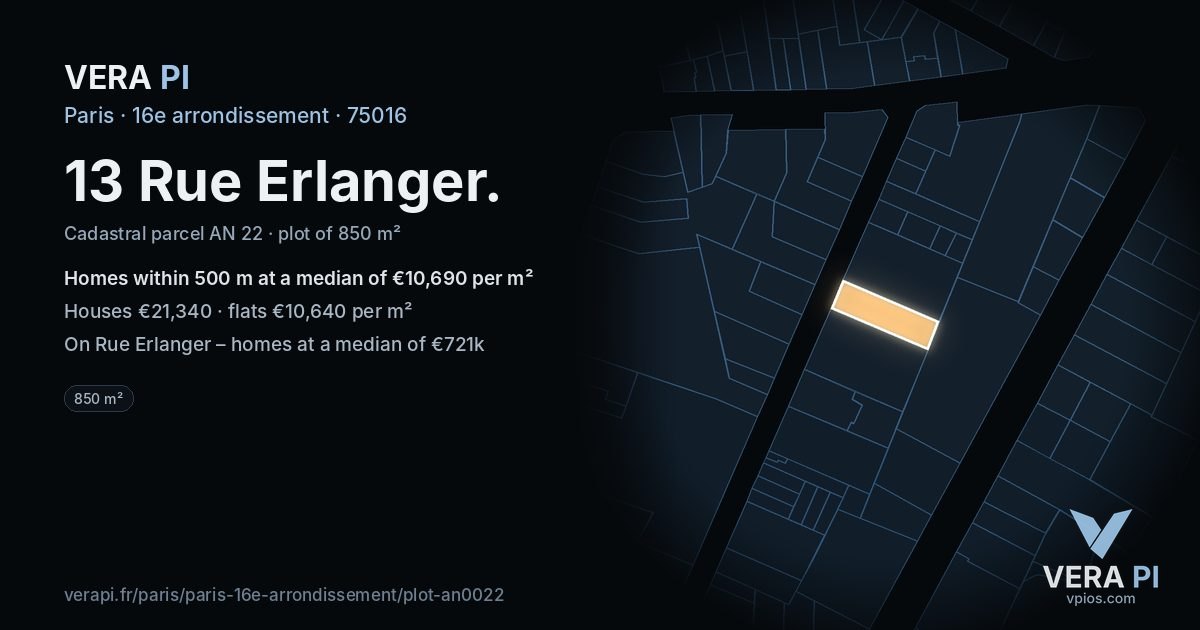 13 Rue Erlanger, 16e arrondissement at night – the plot lit, the parcels around coloured by the prices near them