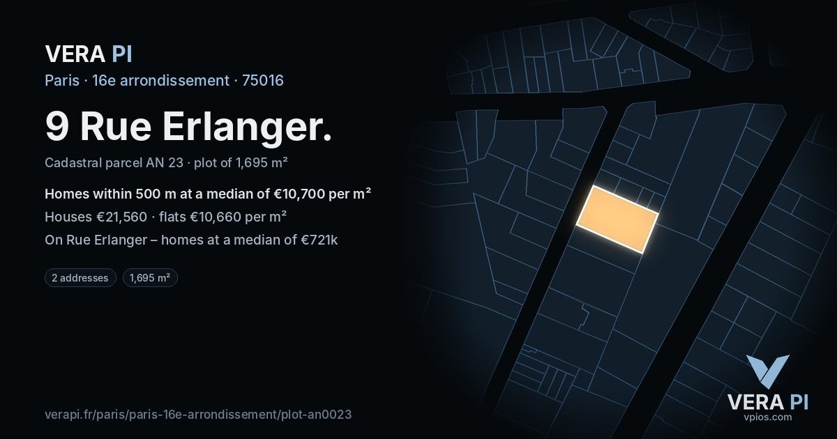 9 Rue Erlanger, 16e arrondissement at night – the plot lit, the parcels around coloured by the prices near them