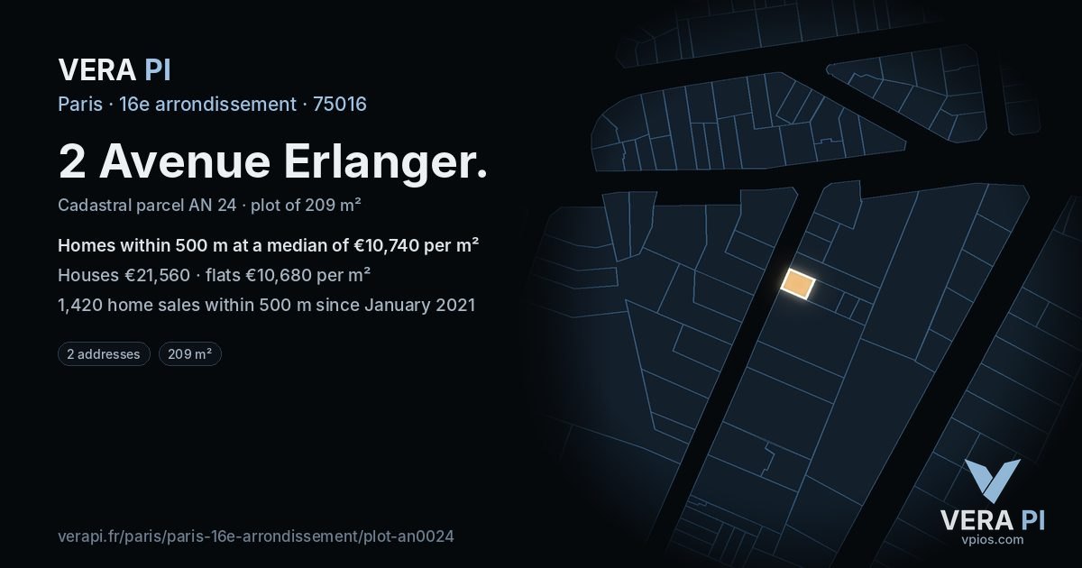 2 Avenue Erlanger, 16e arrondissement at night – the plot lit, the parcels around coloured by the prices near them