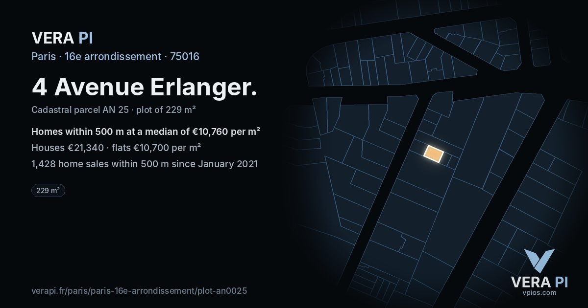 4 Avenue Erlanger, 16e arrondissement at night – the plot lit, the parcels around coloured by the prices near them
