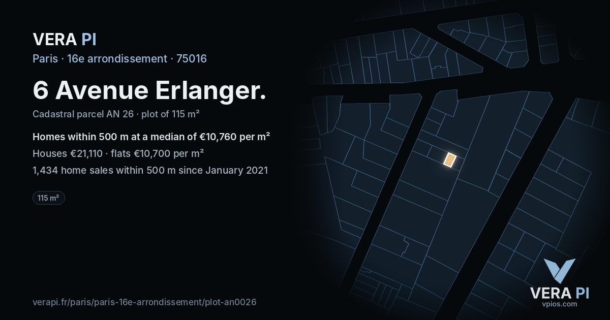 6 Avenue Erlanger, 16e arrondissement at night – the plot lit, the parcels around coloured by the prices near them