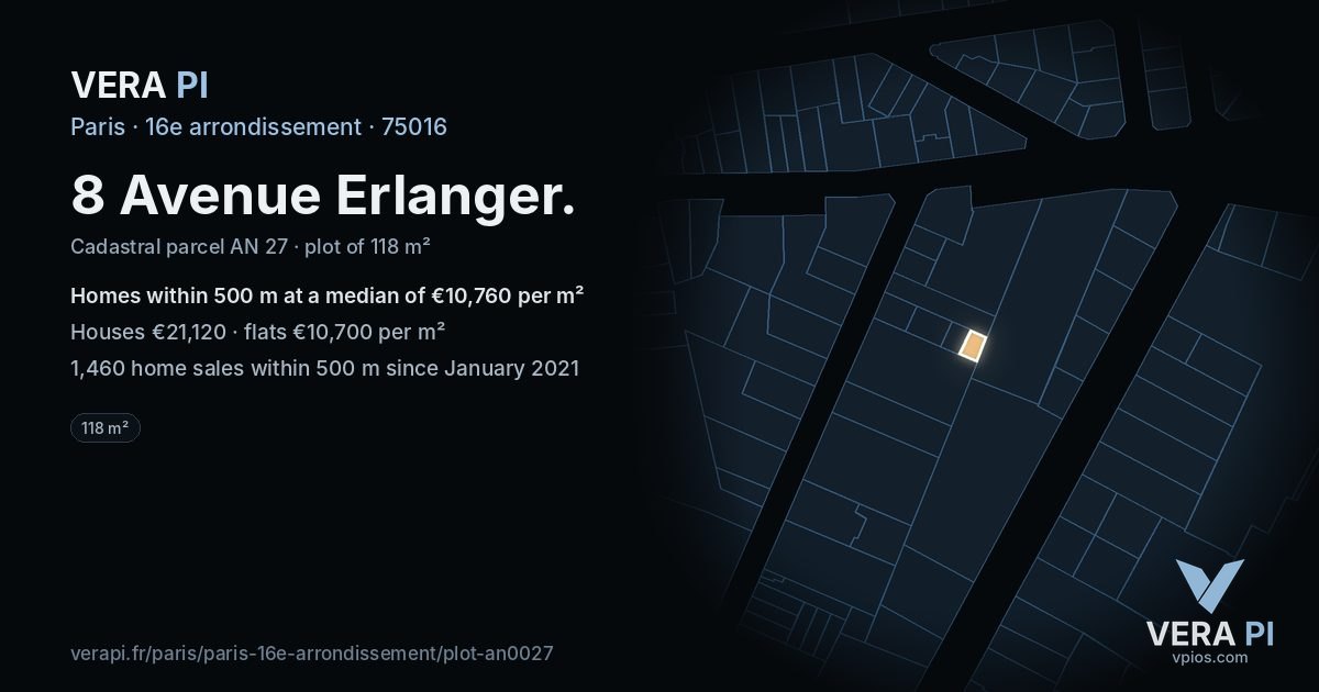 8 Avenue Erlanger, 16e arrondissement at night – the plot lit, the parcels around coloured by the prices near them